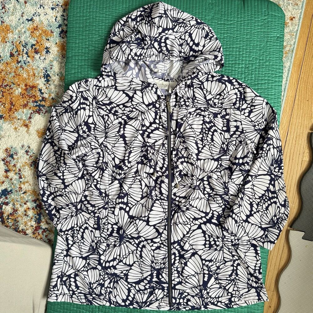 Vintage Chico's Zenergy Navy Blue Zip Up Hooded Jacket Butterfly Print Sz 3, XL